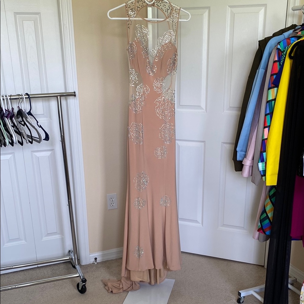 Jovani Pink Embellished Backless Halter Gown